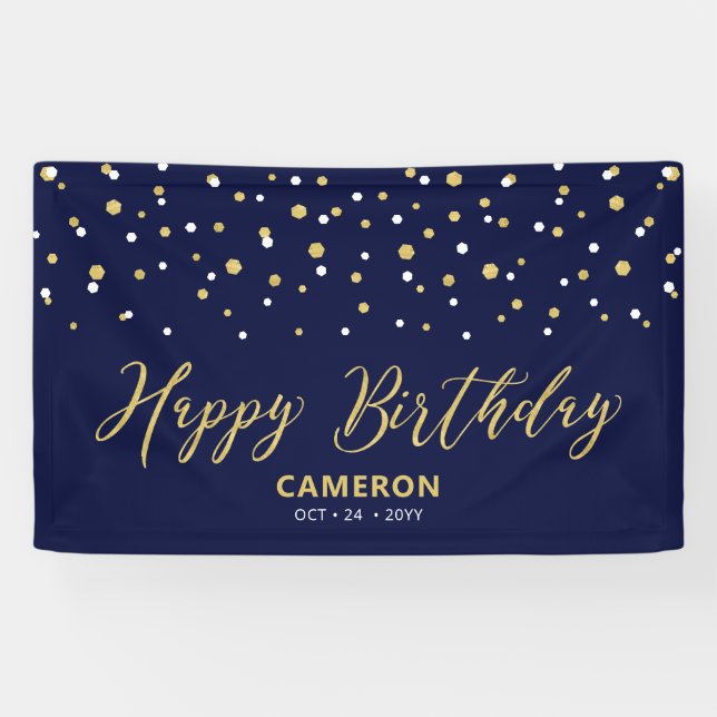 Banderoles Gold Blue Hexagon Confetti Personnalisé Joyeux ann (Horizontal)