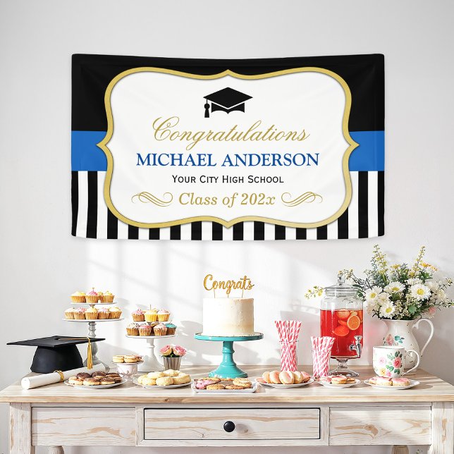 Banderoles Gold Navy Black White Stripes Graduation Party (Créateur téléchargé)