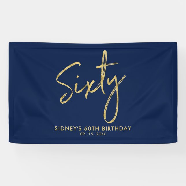 Banderoles Gold Navy Blue Moderne 60th Birthday Party Banner (Horizontal)