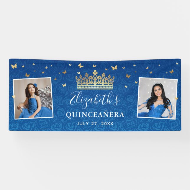 Banderoles Gold Royal Blue Roses 2 Photo Birthday Quinceanera (Horizontal)