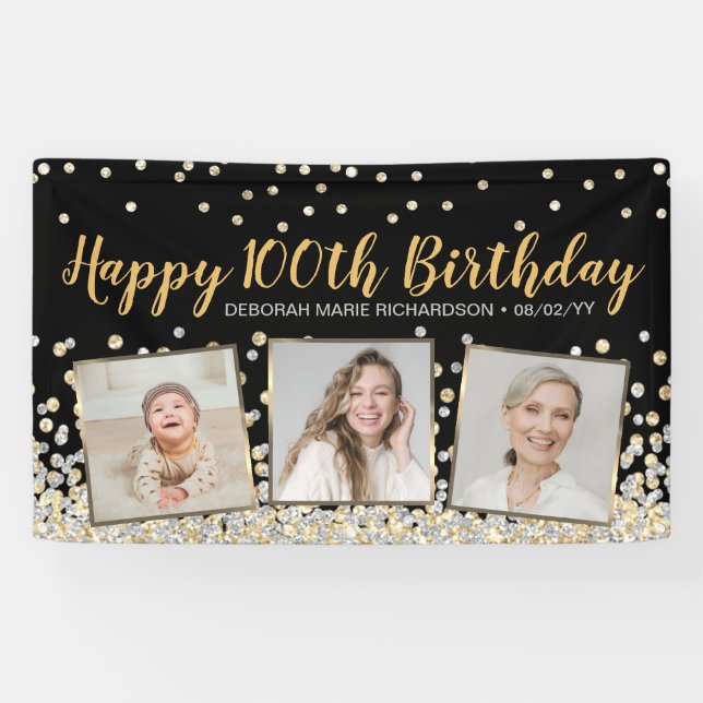 Banderoles Gold Silver Confetti Photo Collage 100e anniversai (Horizontal)