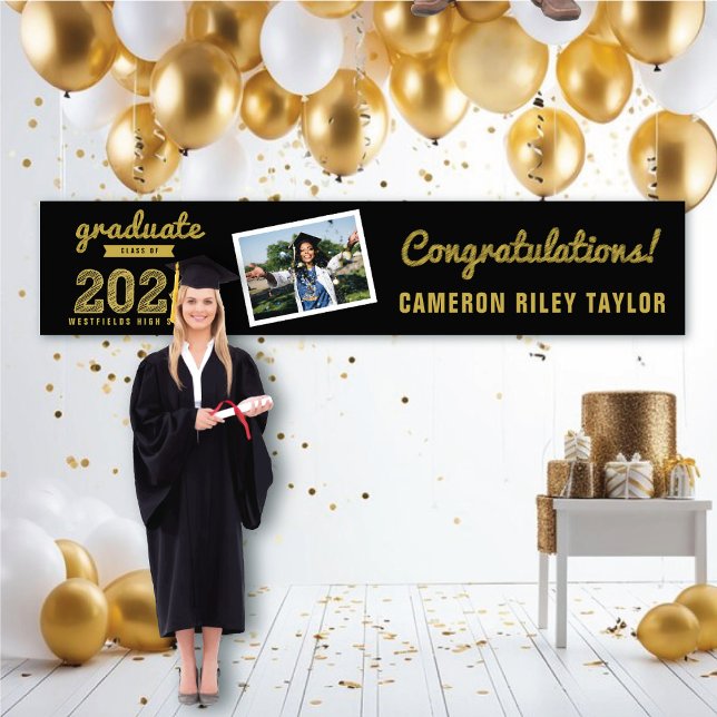 Banderoles Gold Sketch Classe de 2025 Photo Graduation Party (2024 Black And Gold Sketch One Photo Modern Graduation Party Banner @ www.zazzle.com/color_therapy)