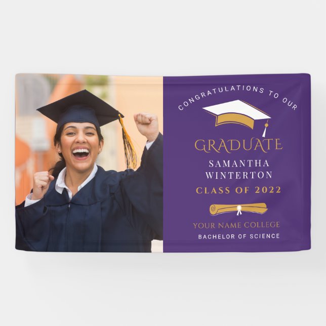 Banderoles Graduation 2025 Photo Gold Purple Grad Party (Horizontal)