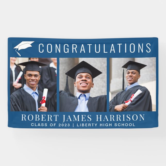 Banderoles Graduation 3 Photo Félicitations Bleu (Horizontal)
