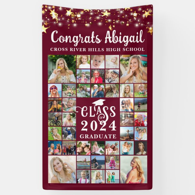 Banderoles Graduation 42 Photo Collage Maroon Classe Année (Vertical)