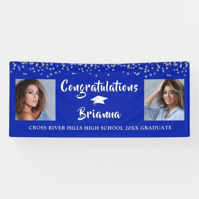 Banderoles Graduation Argent Confetti Script Photo Royal Blue (Horizontal)
