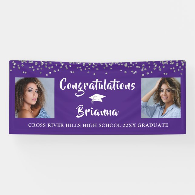 Banderoles Graduation Argent Confetti Script Photo violet (Horizontal)