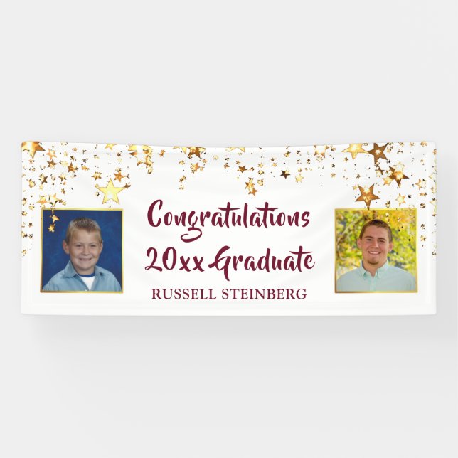 Banderoles Graduation Maroon Gold Stars Brush Script Photo (Horizontal)