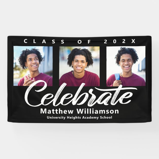 Banderoles Graduation Noire 3 Photo Gras Blanc Script Minimal (Horizontal)