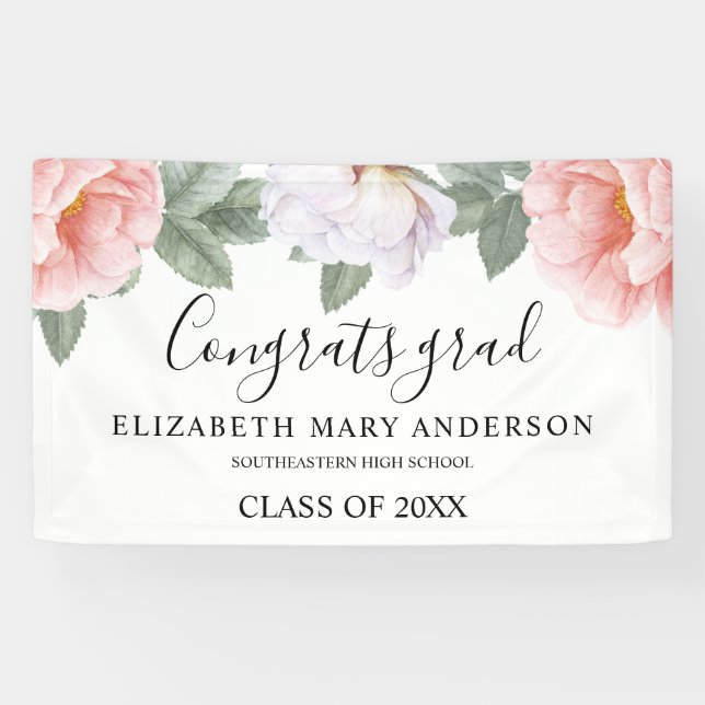 Banderoles Graduation Party Pink Aquarelle Floral (Horizontal)