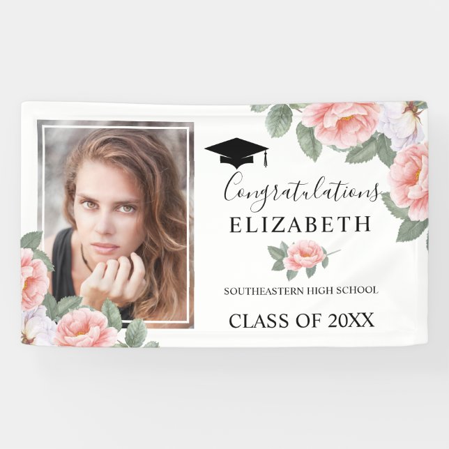 Banderoles Graduation Party Pink Aquarelle Floral Photo (Horizontal)