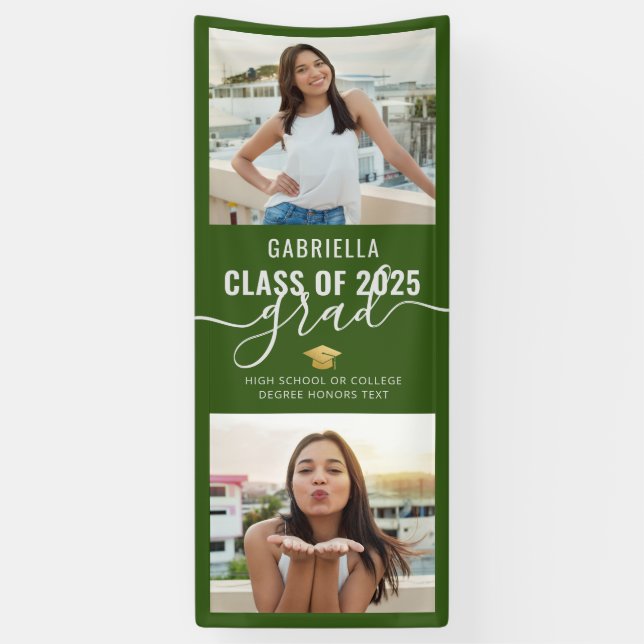 Banderoles Graduation Photo Green and White Félicats Grad (Vertical)