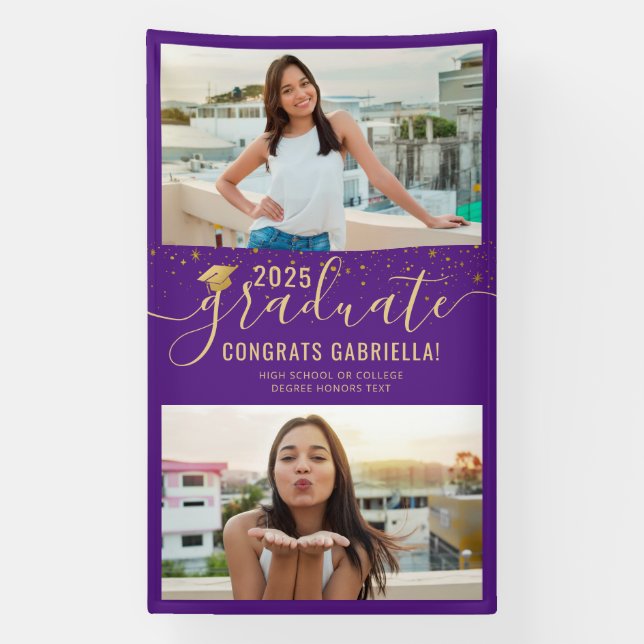 Banderoles Graduation Photo Purple Gold Classe de 2025 Grand (Verticale)
