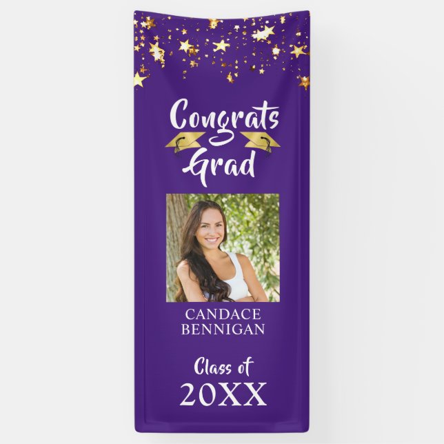 Banderoles Graduation Purple Gold Stars Brush Script Photo (Vertical)