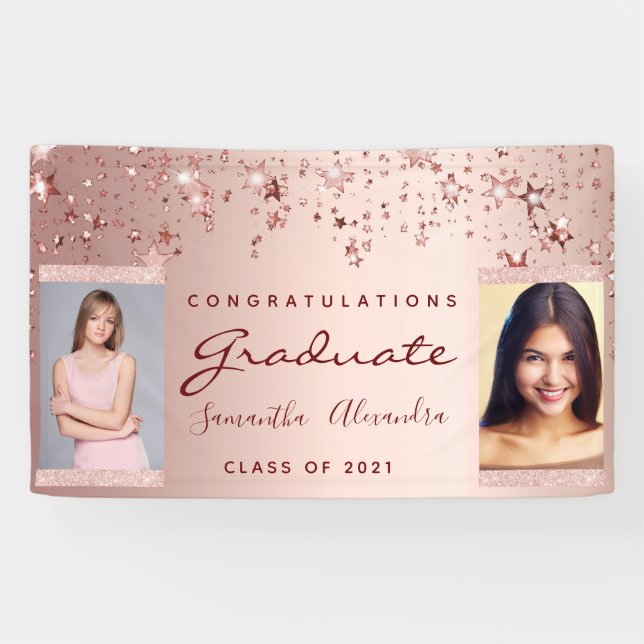 Banderoles Graduation rose or étoiles deux photo (Horizontal)
