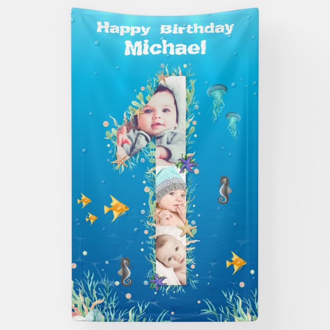 Banderoles Grand 1er anniversaire sous la mer Photo Collage (Vertical)