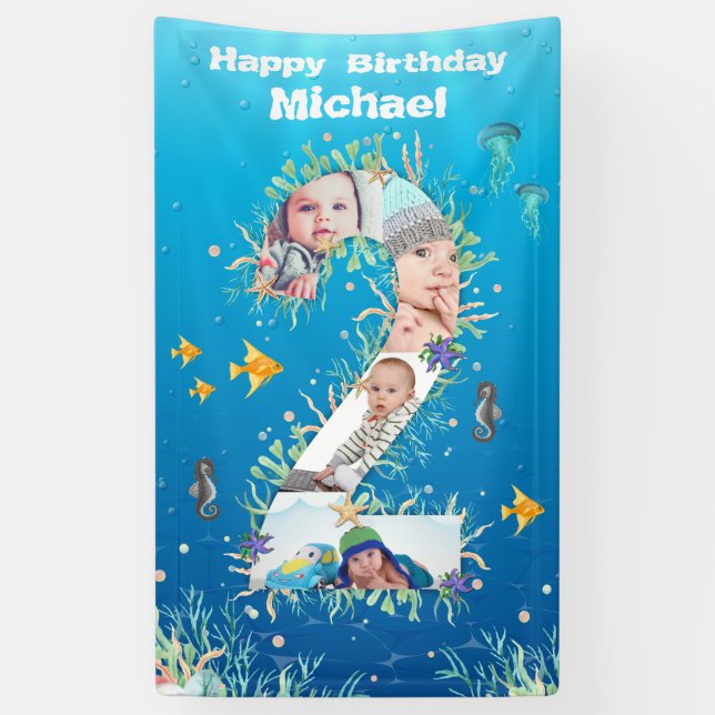 Banderoles Grand 2e anniversaire sous la mer Photo Collage (Vertical)