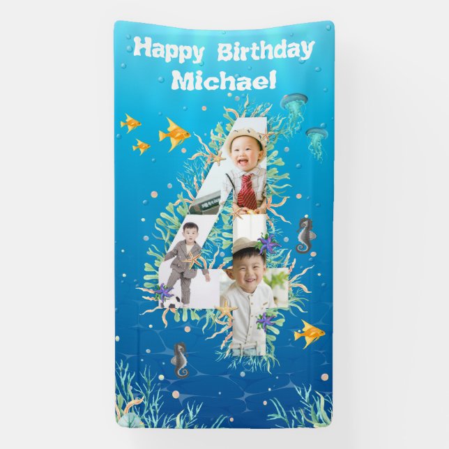 Banderoles Grand 4ème anniversaire sous la mer Collage photo (Verticale)