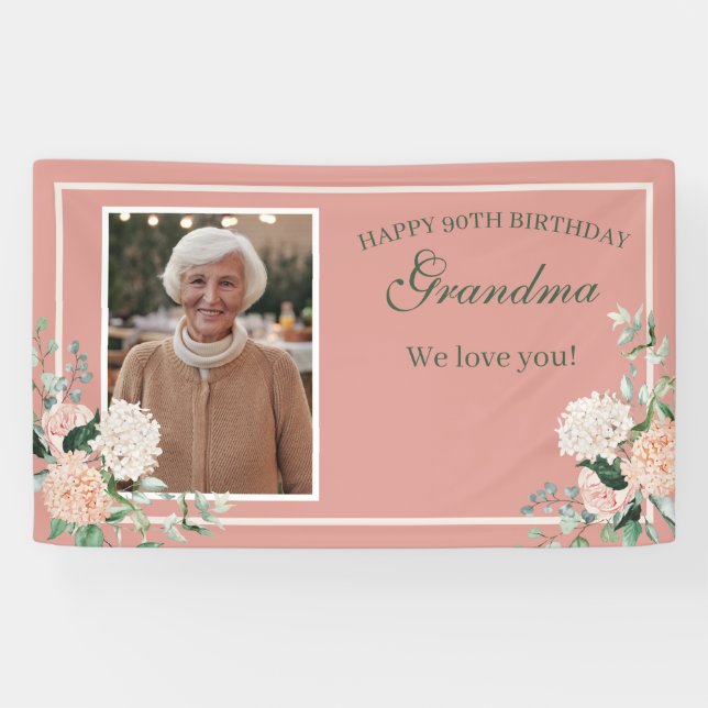 Banderoles Grand-mère florale rose 90e anniversaire (Horizontal)