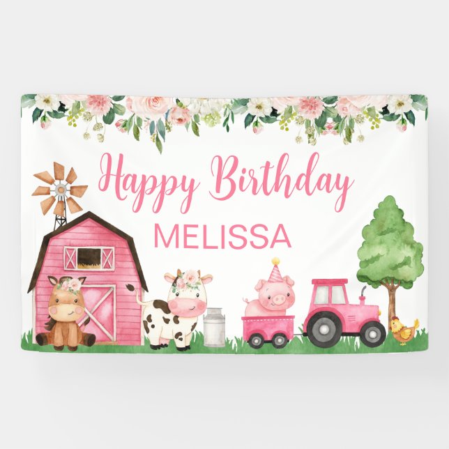 Banderoles Grange de tracteur rose Floral Ferme Anniversaire (Horizontal)