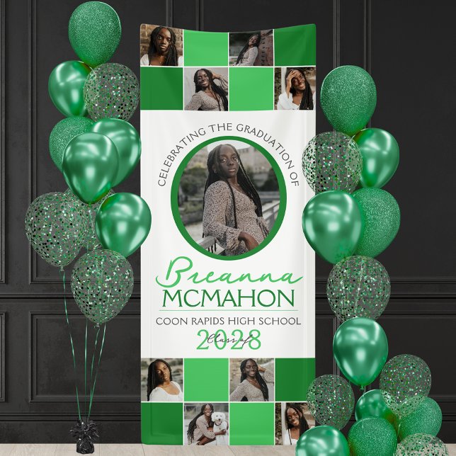 Banderoles Green 2 Toned Photo Collage Graduation Vinyl (Green and White 9 Photo Graduation Hanging Vinyl Banner)