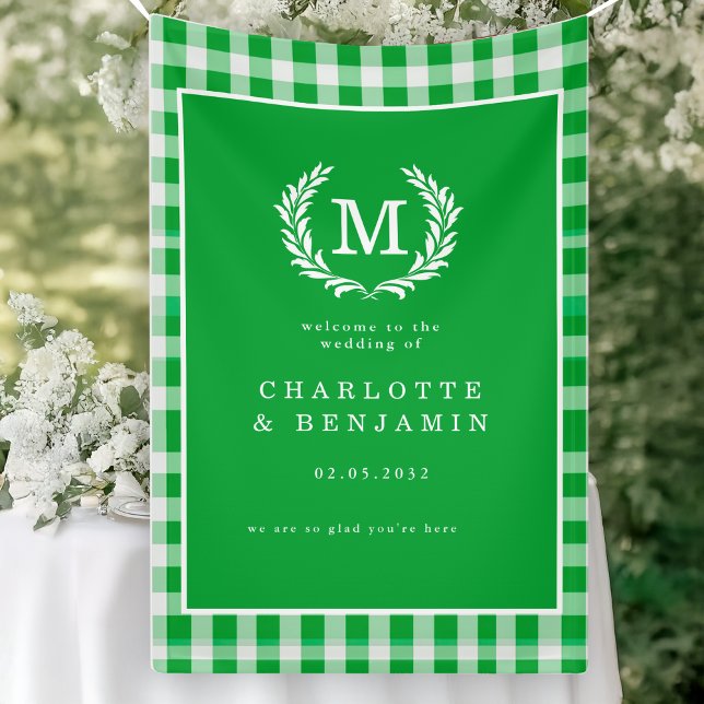 Banderoles Green En vichy Monogram Crest Mariage Bienvenue (Green Gingham Monogram Crest Wedding Welcome Banner)