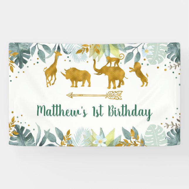 Banderoles Green Gold Safari animal Anniversaire (Horizontal)