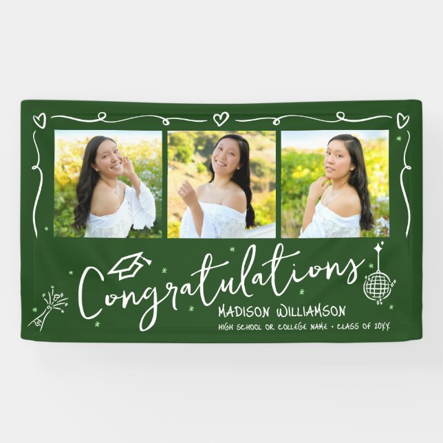 Banderoles Green Hand Drawn Style Doodles Graduation 3 Photo (Horizontal)