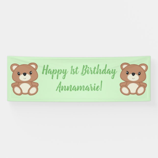 Banderoles Green Teddy Bear fête d'anniversaire (Horizontal)