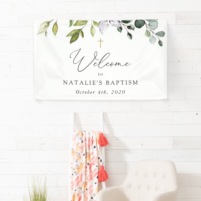 Banderoles Greenery, Eucalyptus Leaves, Boho, Baptism Welcome (En situation)