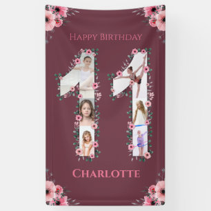 Banderoles Gros 11e anniversaire fille photo Collage Fleur ro