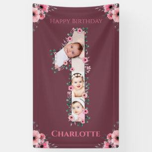 Banderoles Gros 1er anniversaire fille photo Collage Fleur ro
