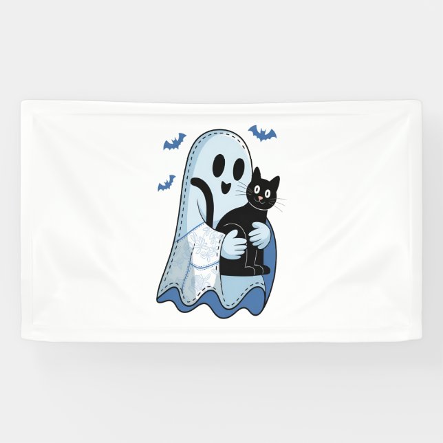 Banderoles Halloween bleu Denim Ghost et chat (Horizontal)