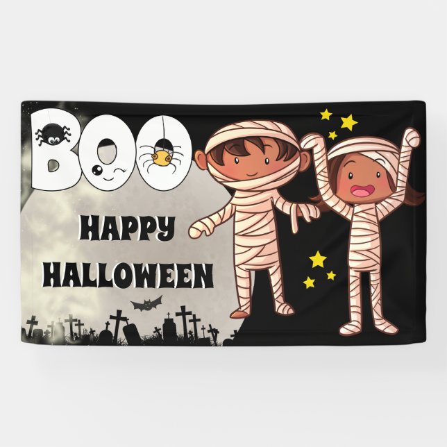 Banderoles Halloween maman enfants cimetière boite pleine lun (Horizontal)