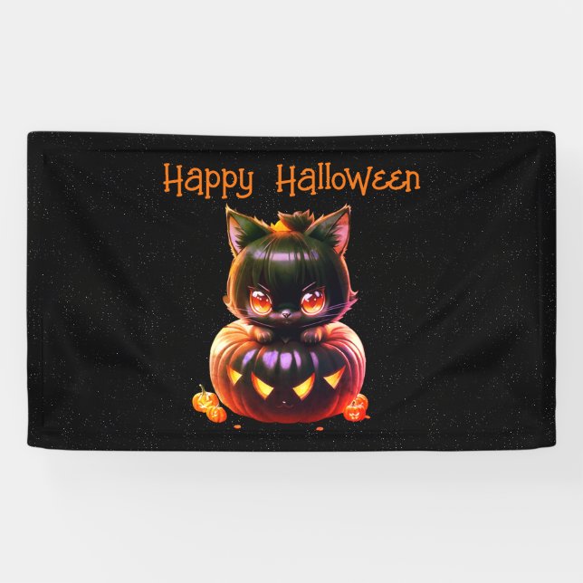 Banderoles Halloween Party Chat noir Citrouille Horreur (Horizontal)