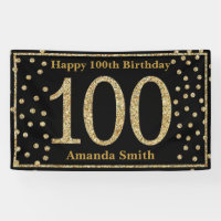 Happy 100th Birthday Banner Black and Gold Glitter