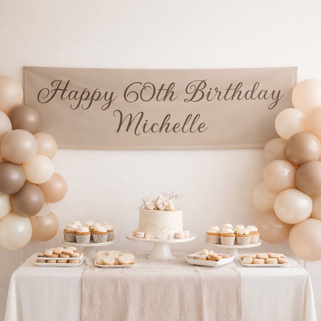 Banderoles Happy 60th Birthday Elegant Script Taupe Party (Taupe 60th birthday party banner)