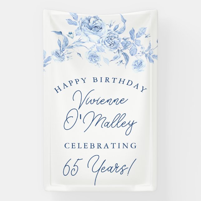 Banderoles Happy Birthday Banner 65th Blue Floral Template (Verticale)