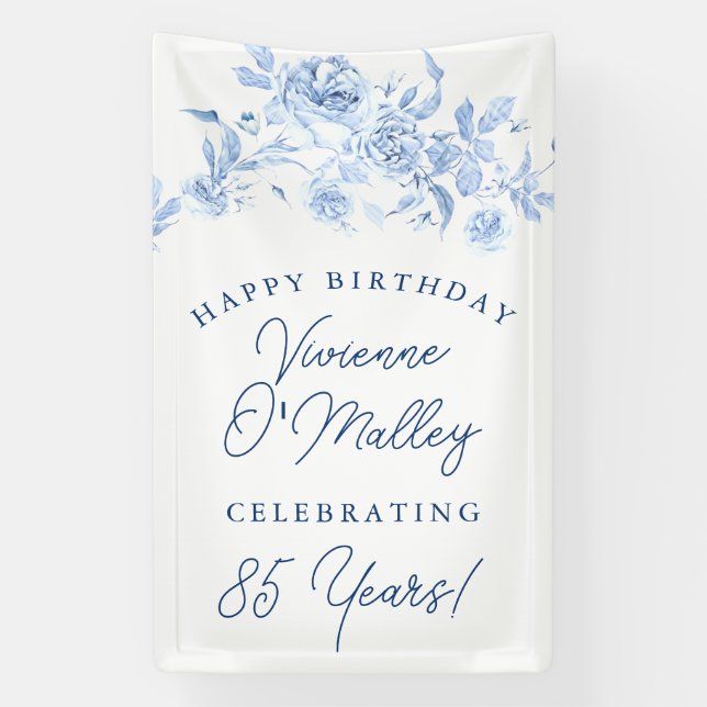 Banderoles Happy Birthday Banner 85th Blue Floral Template (Verticale)