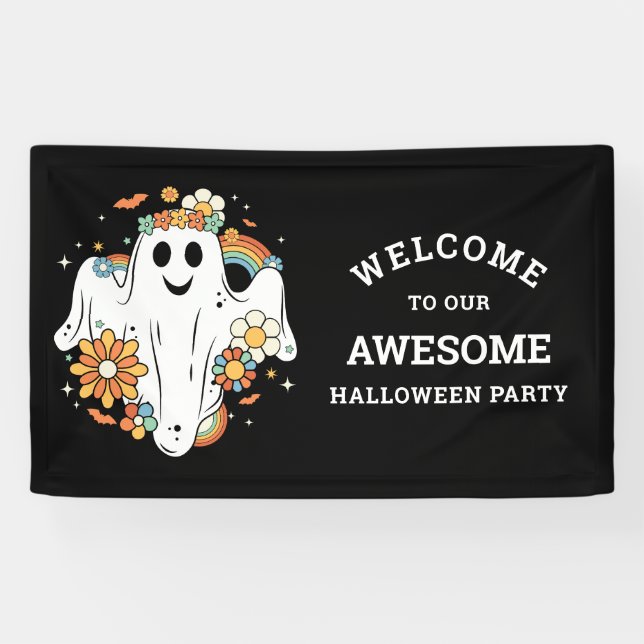 Banderoles Happy Ghost Retro Hippie Vibe Halloween (Horizontal)