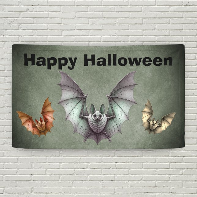 Banderoles Happy Halloween Flying Creepy Bats Grunge Grey (Flying creepy bats in grey, orange and yellow on shades of grey Happy Halloween banner decoration.)