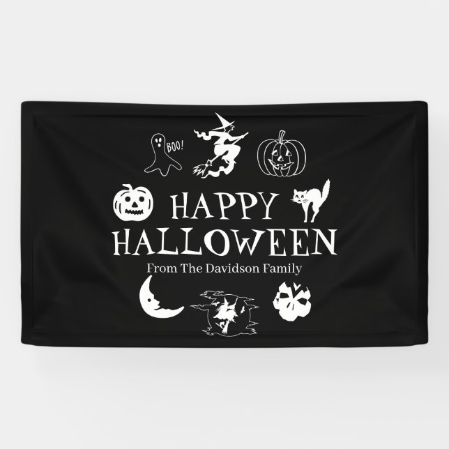 Banderoles Happy Halloween nom personnalisé noir blanc éffray (Horizontal)