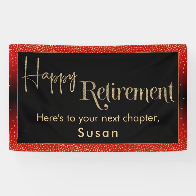 Banderoles Happy Retraite Gold Confetti, Rouge brillant (Horizontal)