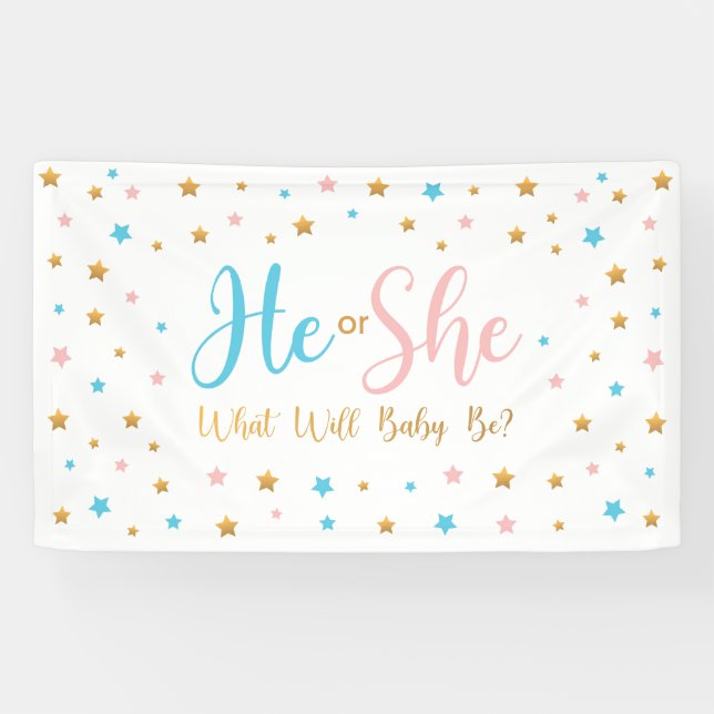 Banderoles He or She Stars Gender Reveal banner sign  (Horizontal)