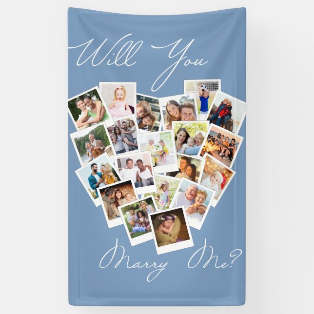 Banderoles Heart Photo Collage Will You Marry Me Blue Banner (Vertical)