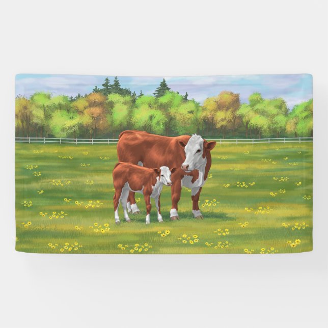 Banderoles Hereford Cow & Cute Calf dans les pâturages d'été (Horizontal)