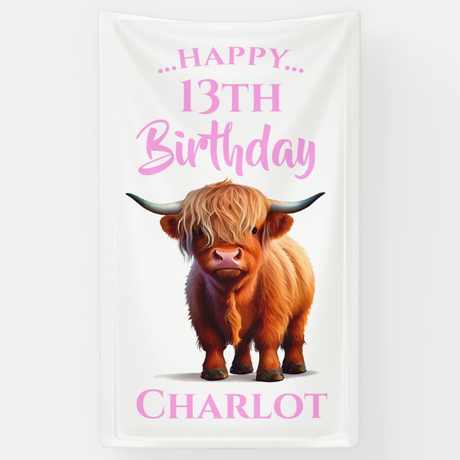 Banderoles Highland Cow Rose Joyeux anniversaire (Vertical)