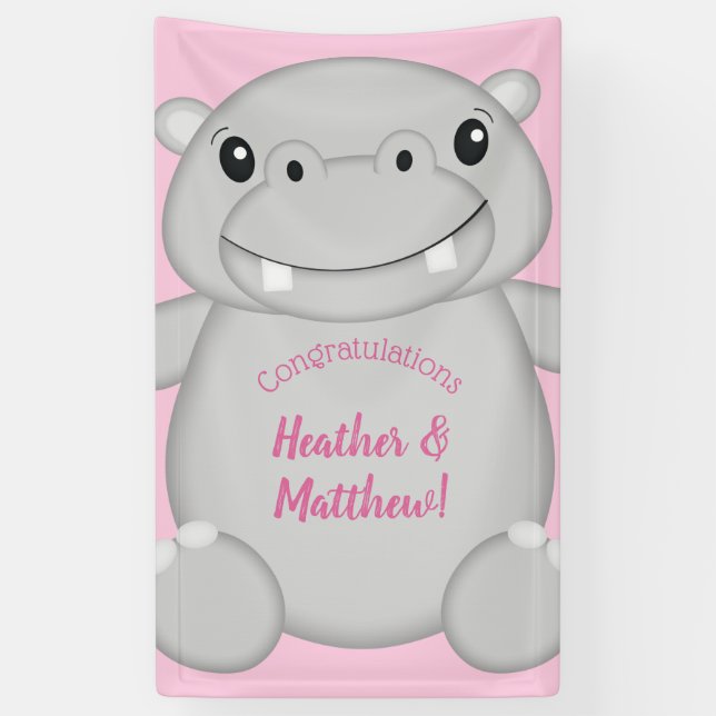Banderoles Hippo Baby shower rose (Vertical)
