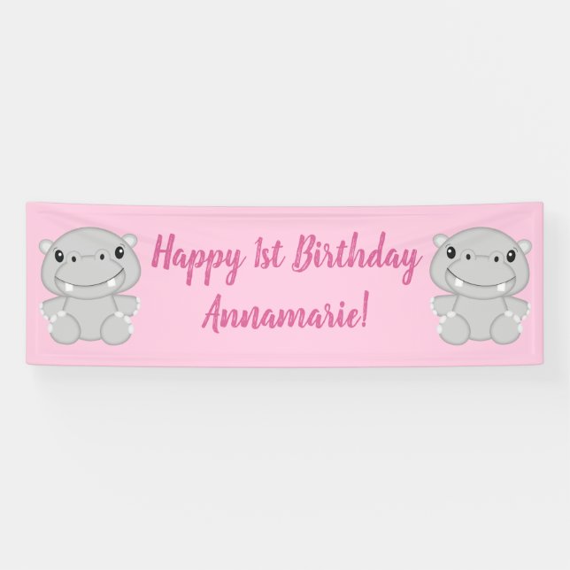 Banderoles Hippo fête d'anniversaire rose (Horizontal)