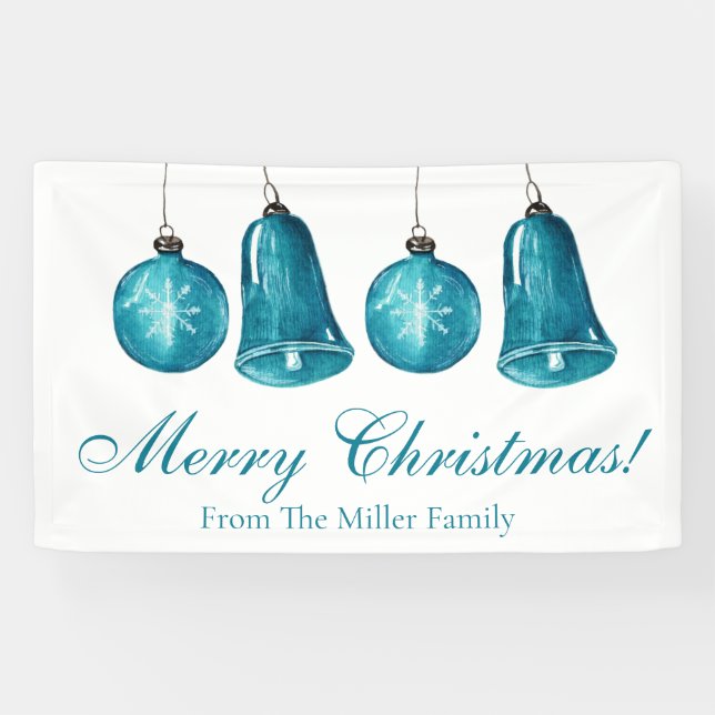 Banderoles Hiver Baubles Bleu Personnalisé Famille Joyeux Noë (Horizontal)